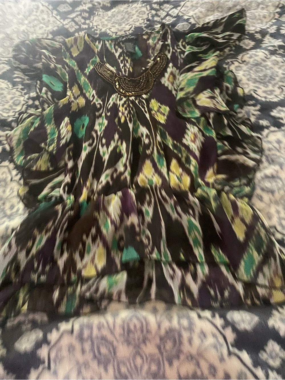 Black Patterned Flutter Sleeve Blouse with Beaded Neckline